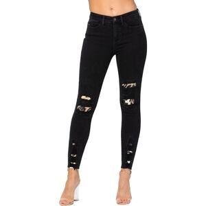 Judy Blue Black Destroyed Leopard Patch Mid-Rise Skinny Jeans 82168
